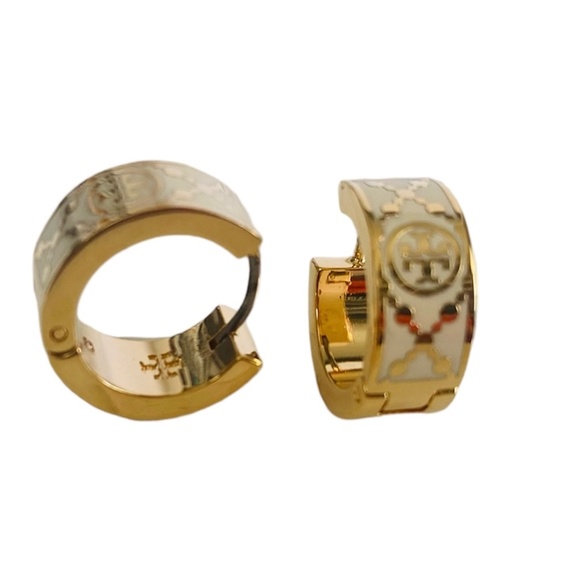 Auth Tory Burch Gold & Ivory Monogram T Huggie Earring Rtl $200 - Picture 3 of 5